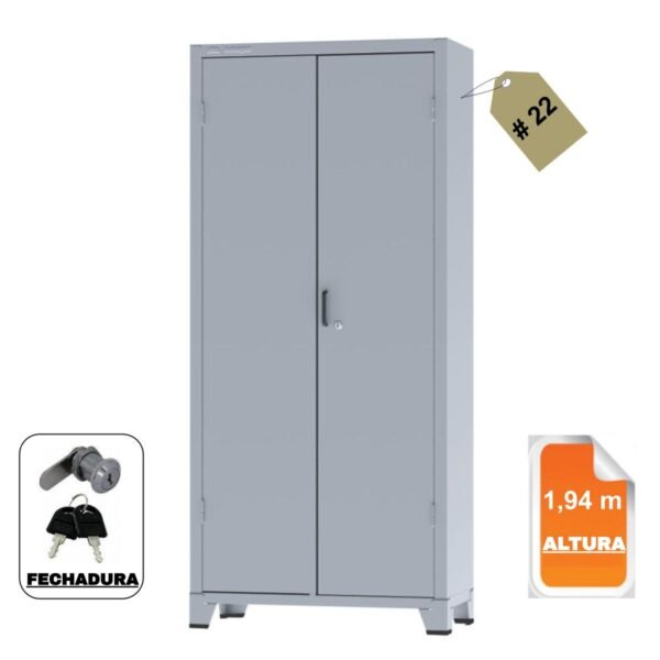 Armário de Aço c/ 02 portas REFORÇADO - (PA - 90) - 1,98x0,90x0,40m - Chapa # 22 - Cinza- 12113