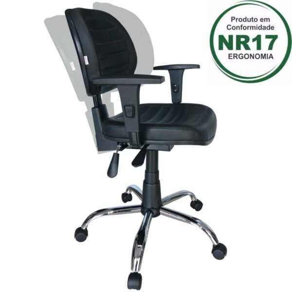 Cadeira Executiva Back System COSTURADA - ARANHA CROMADA - Braços Reguláveis - Cor Preta - PMD - 31011