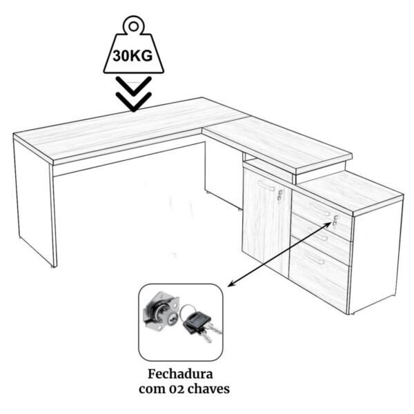 Mesa Escritório em "L" - 1,50x1,50m (Extensível) - com Armário Misto (03 Gav.) - WORKSTART - NOGAL/SEVILHA - 20603 - Image 2
