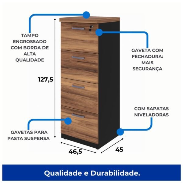 Arquivo 04 Gavetas Pasta Suspensa - 1,28x0,46x0,45m - WORK START  - NOGAL SEVILHA/PRETO - 21410 - Image 4