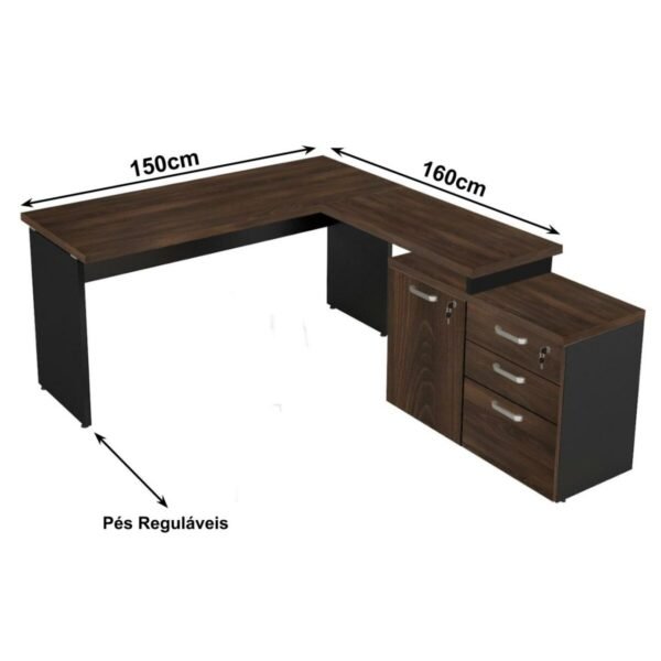 Mesa Escritório em "L" - 1,50x1,50m (Extensível) - com Armário Misto (03 Gav.) - WORKSTART - MARSALA/PRETO - 23482 - Image 2