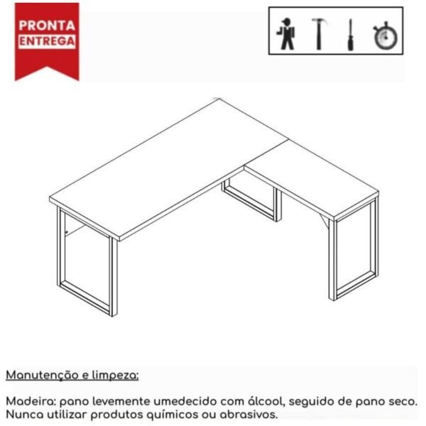 Mesa em L com PÉ QUADRO (Mesa 1,50m + Mesa Auxiliar) - S/ Gavetas - WORKSTART - NOGAL SEVILHA/PRETO - 24476 - Image 2