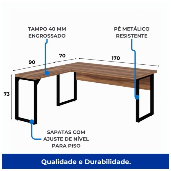 Mesa em L com PÉ QUADRO (Mesa 1,70m + Mesa Auxiliar) - S/ Gavetas - WORKSTART - NOGAL SEVILHA/PRETO - 24478 - Image 2
