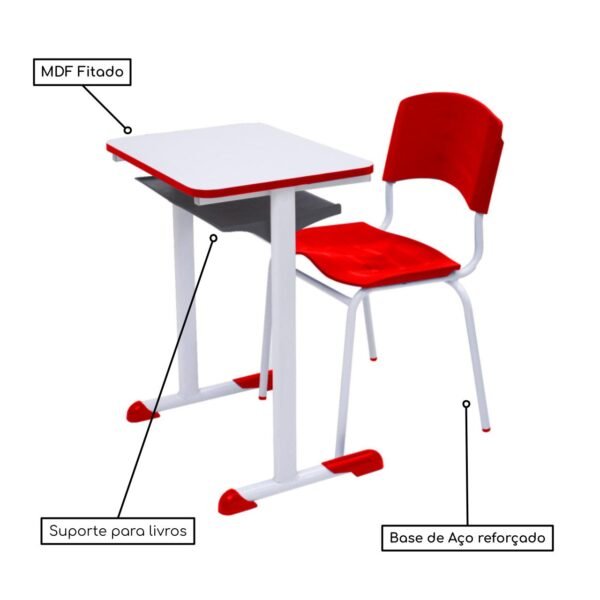 Kit Escolar Individual VERMELHO – (Mesa e Cadeira) – ADULTO – MADEIRA - COR VERMELHO - 40096 - Image 2